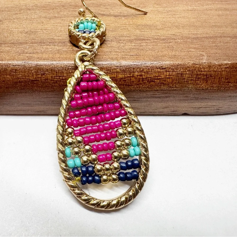 Beaded Tear Drop Dangle Framed Seed Bead Earrings